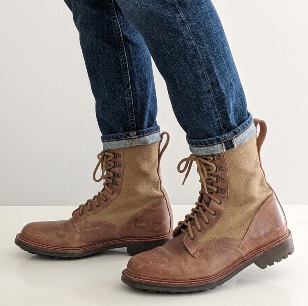 Rag & Bone x Grenson Dodger Boots Tan Leather Canvas Victorian Workboot Mens 10